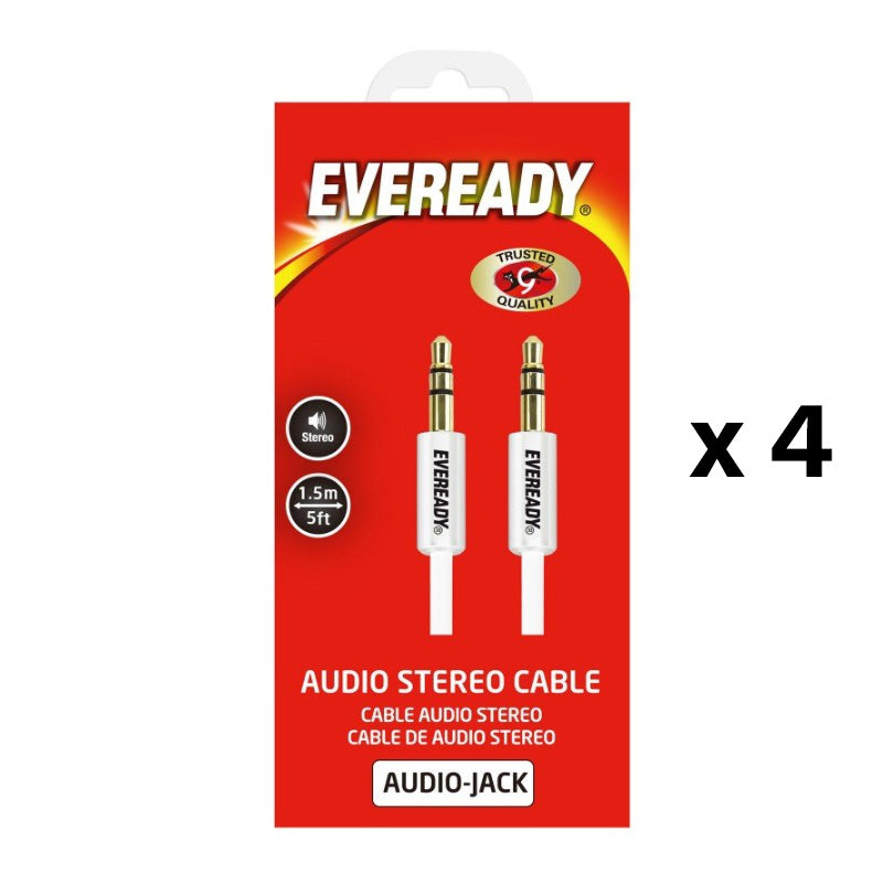 4x Eveready Cable Audio (AUX) Cable 3.5mm Jack 1.5 Metre White