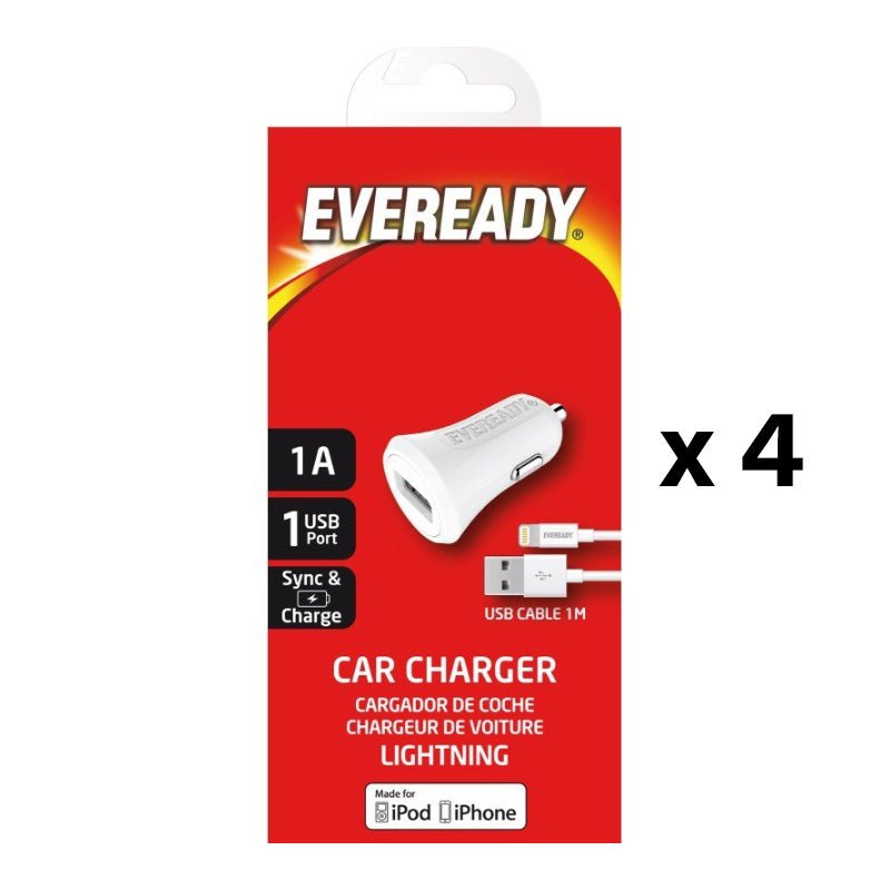4x Eveready Car Charger 1A with iPhone (Lightning) Cable White - MataMata