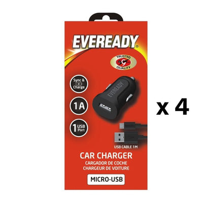 4x Eveready Car Charger 1A with Micro - USB Cable Black - MataMata
