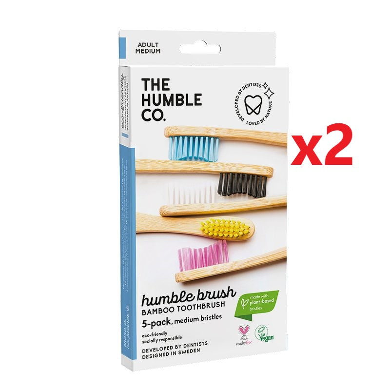 2 X The Humble Co. Bamboo Toothbrush - Medium 5 Pack - Assorted Colours