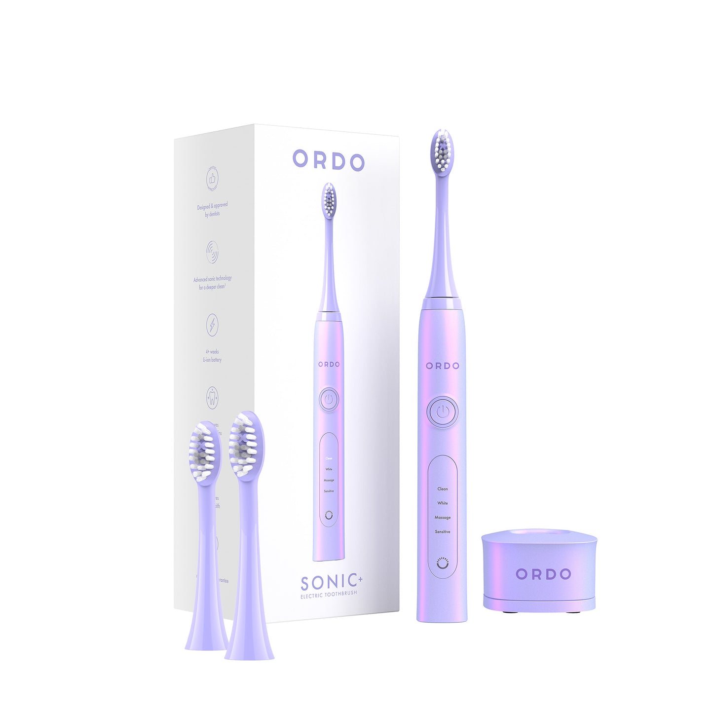 Ordo Sonic+ Toothbrush & 2x Brush Head Bundle - Pearl Violet
