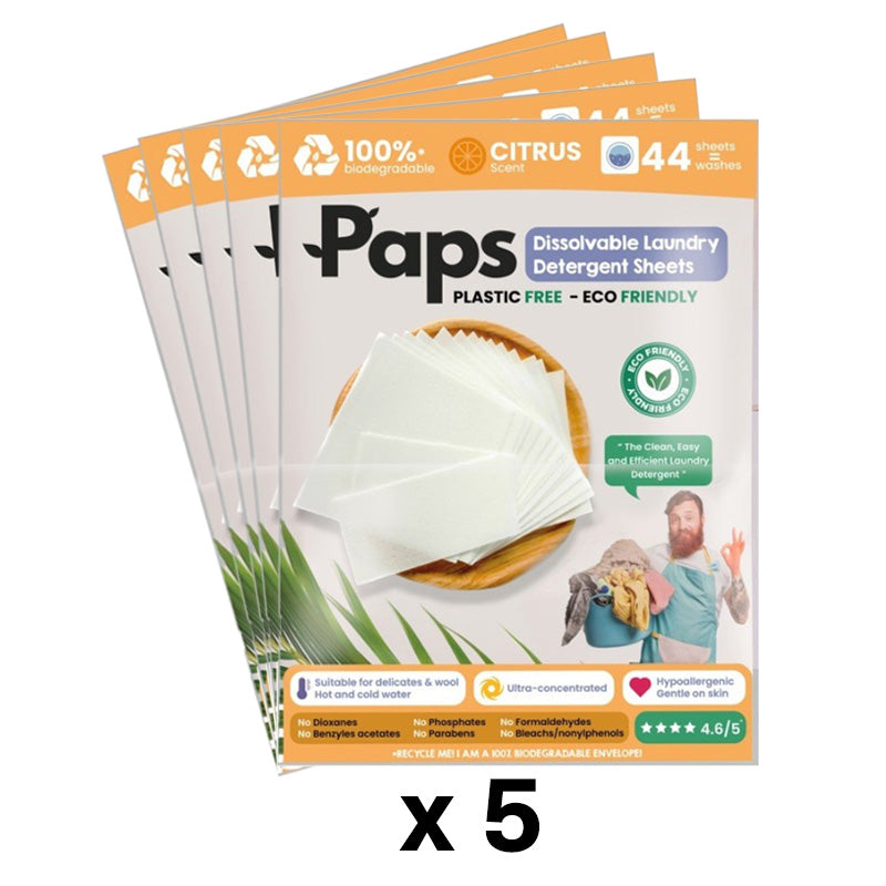 5x Paps Dissolvable Laundry Detergent Sheets Scent: Citrus