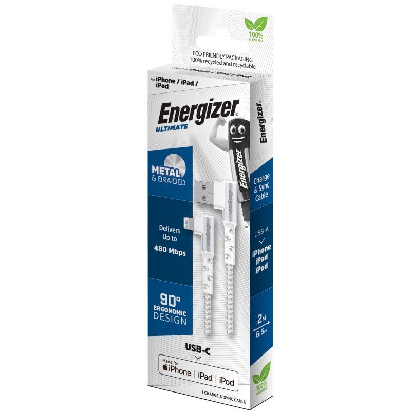 Energizer iPhone (Lightning) Cable 90 Degree Angled 2 Metre - MataMata