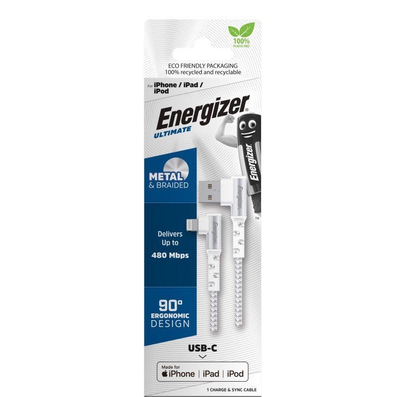 Energizer iPhone (Lightning) Cable 90 Degree Angled 2 Metre - MataMata
