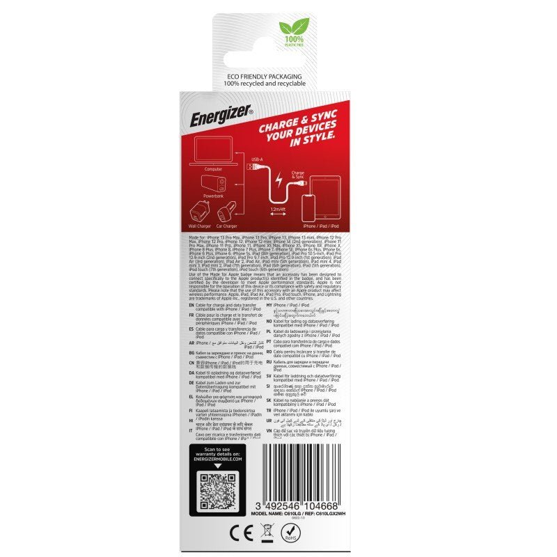 Energizer iPhone (Lightning) Cable Twin Pack White 1.2 Metre - MataMata