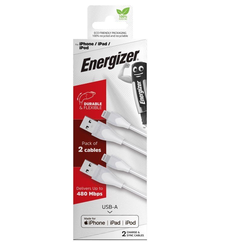 Energizer iPhone (Lightning) Cable Twin Pack White 1.2 Metre - MataMata