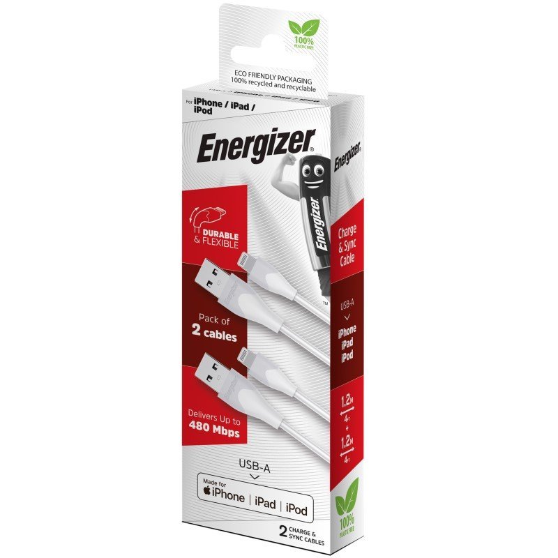 Energizer iPhone (Lightning) Cable Twin Pack White 1.2 Metre - MataMata