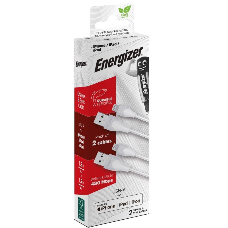 Energizer iPhone (Lightning) Cable Twin Pack White 1.2 Metre - MataMata