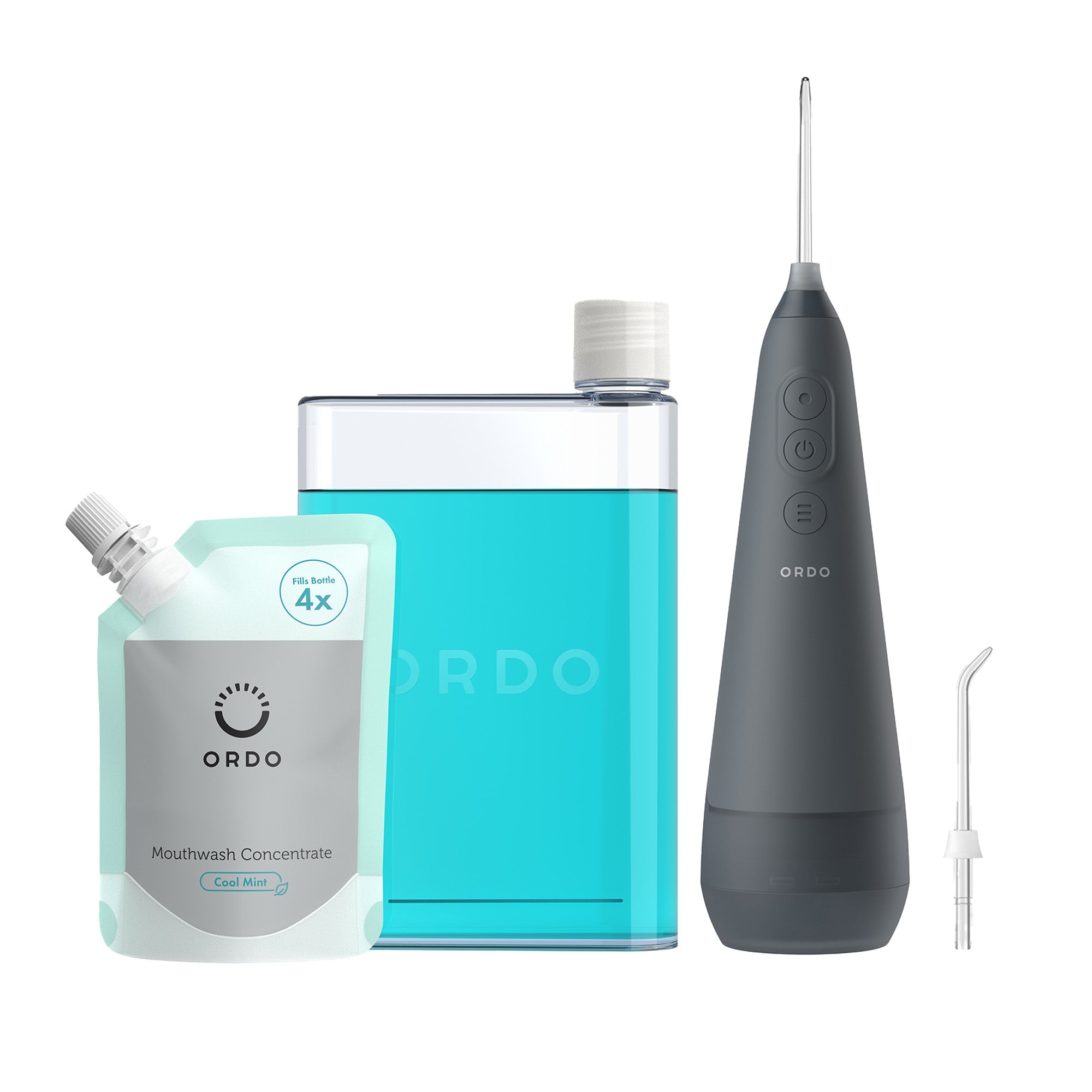 Ordo Hydro Sonic Water Flosser - Charcoal Grey & Reusable Mouthwash Bottle & Concentrate Bundle - MataMata